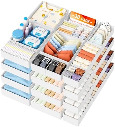 DIMJ Drawer Organizer Clothes - 30 Pack Closet Drawer Organizer Bins for Baby Clothes Storage, Fabric Dresser Organizer for Nursery Bedroom, Foldable Small Drawer Dividers for Underwear Socks