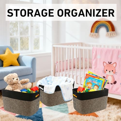 3 Pack Woven Baskets,Storage Baskets for Shelves with Handles | 13.5"×11"×9.5", Closet Baskets, Nursery Organizer for Toys Towels Books, Storage Bin for Living Room Bedroom (Black & Jute)