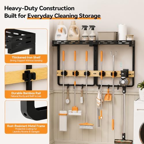 Mop and Broom Holder Wall Mount with Shelf,Vacuum holder,5 Grips,6 Hooks | 3-in-1 Cleaning Supply Wall Organizer,Top Shelf with Railing,Storage Rack for Laundry Utility Garages Kitchens,