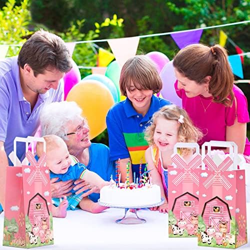 16 Pcs Pink Farm Animal Party Favor Bags Kraft Paper Goodie Bags with Handle 3D Pinwheel Double-sided Printing Treat Bag for Birthday Gender Reveal Barnyard Farm Themed Party Supplies