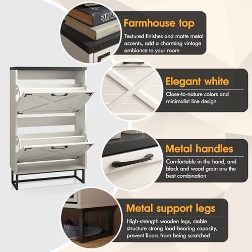 Maupvit 24" W Farmhouse Shoe Cabinet Storage for Entryway, Freestanding Organizer with 2 Flip Drawers, Narrow Shoe Rack Cabinet with Metal Corner Decoration, White