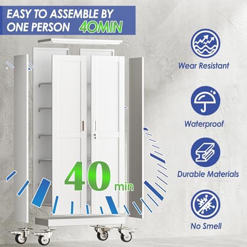 75" Metal Garage Storage Cabinet with Wheels and Locking Doors and Tall Rolling Steel Tool Cabinet with 5 Adjustable Shelves for Garage,Home,Office,Shop (White, 75''H x 32''W x16''D)