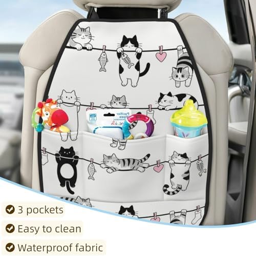Car Seats Back Protector 2 PCS - Cute Cats | with 3 Storage Pockets, Shield Seats From Dirt, Mud Scratches, Fits Cars SUVs Trucks and Jeeps