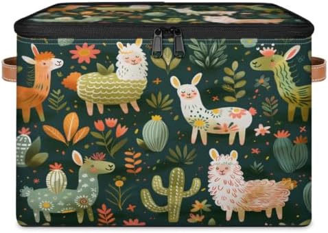 Llama Alpaca Storage Box with Zipper Lid | Collapsible, Fabric, Storage Bin, Handle, Large, Closet Organizer, Containers, Bedroom, Home, Tropical Plant Cactus