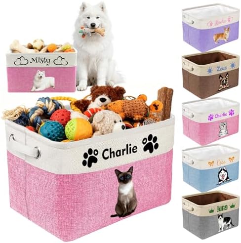Custom Dog Toy Basket with Name Photo, Personalized Toys Clothing Storage Bins for Dogs Cats Pet,Collapsible Doggy Box Customized for Toy Food Pink
