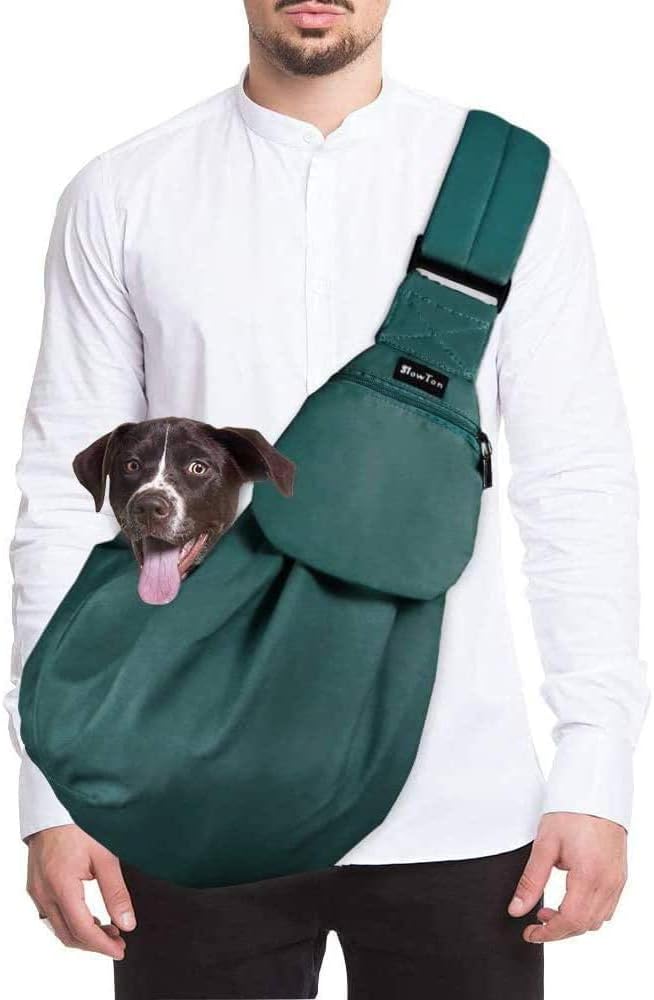 Lukovee Pet Sling, Puppy Small Pet Cat Carrier with Safety Hook | Hands-Free,Padded Strap, Breathable, Adjustable, Storage Pocket, Tote Bag Shoulder Bag with Front Pocket (Green, M)