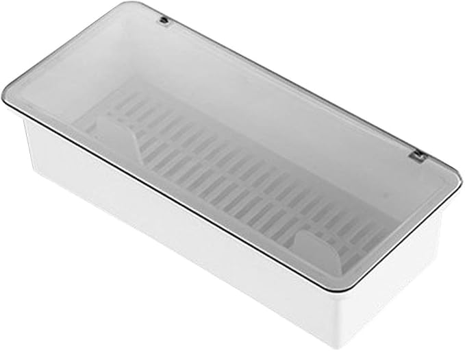 Large Flatware Tray Kitchen Drawer Organizer With Lid And Drainer - Plastic Kitchen Cutlery Tray and Utensil Storage Container with Cover - Dinnerware Holder White