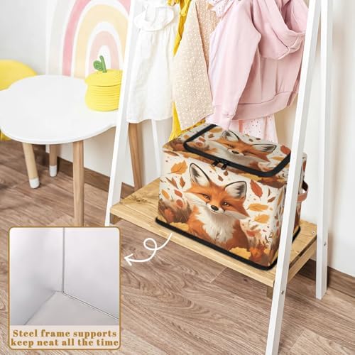 Fox Storage Bins with Zipper Lid Autumn Maple Leaves Foldable Fabric Organizer Box with Handles Rectangular Closet Clothes Organizer Containers
