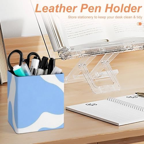 Pen Holder Square Desktop Organizer Pencil Cup For Desk, Office, Home And Stationary Supplies Light Blue Animal Cow Print