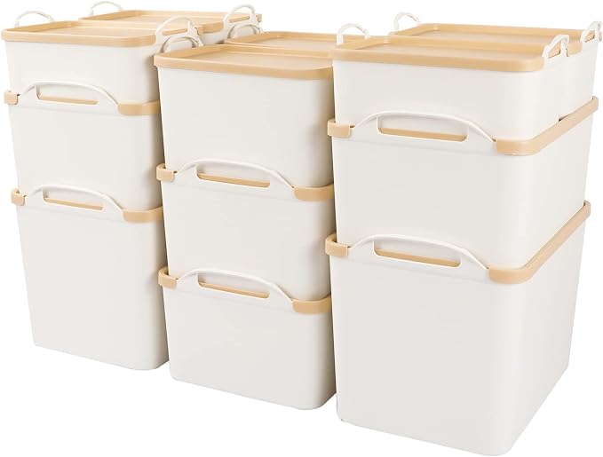 ANMINY White Plastic Storage Bins Baskets with Lids, 12-Pack, 2XL+4L+2M+4S | Large Plastic Bins, Sturdy PET, with Handles, Stackable, Opaque Storage Boxes, for Closet Shelves Desk, Wheat Lids
