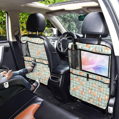 1 Pack Back Seat Car Organizer with Storage Pockets Kick Mats Back Seat Protector Hanging Car Organizer Automotive Seat Back Cover Organizers Peaches Plaid Vacation Style Blue