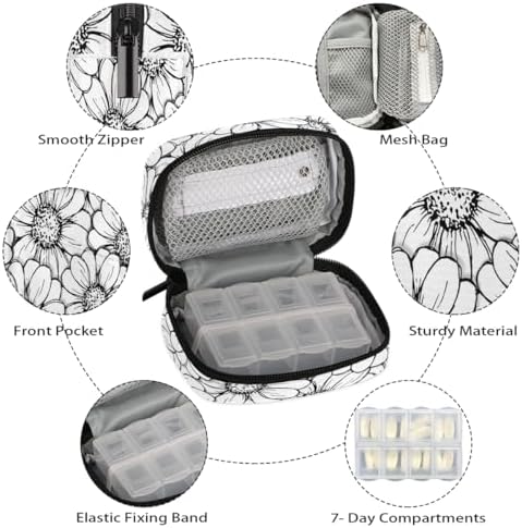 Pill Organizer Box Black and White Lines Sunflower 7-Day Weekly Medicine Pill Case Travel Pill Container Portable Pill Holder Storage Purse Bag Small Compact Size for Vitamin Supplement Birth Control