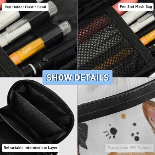 SUABO Pet Dog Pencil Case Large Pen Stationery Bag | Pencil Pouch Stationery Organizer with Compartments, Transparent PVC Layer, School Office Supplies for Kids Adults