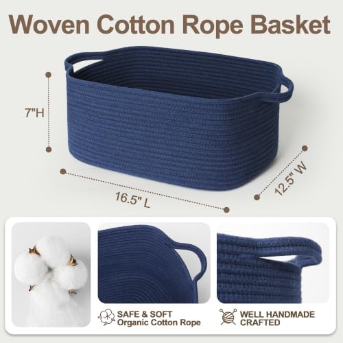 Large Blue Storage Basket, 16.5" x 12.5" x 7" Big Gift Basket Empty, Rectangular Woven Cotton Rope Bin with Handle for Gift, Kids Dog Toy Box, Baby Nursery Organizer, Navy Blue Home Decor