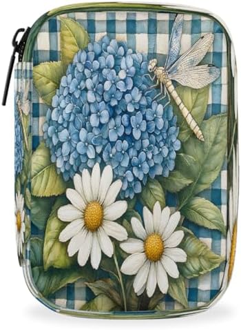 Pill Organizer Box Flowers Blue Plaid Dragonfly 7-Day Weekly Medicine Pill Case Travel Pill Container Portable Pill Holder Storage Purse Bag Small Compact Size for Vitamin Supplement Birth Control
