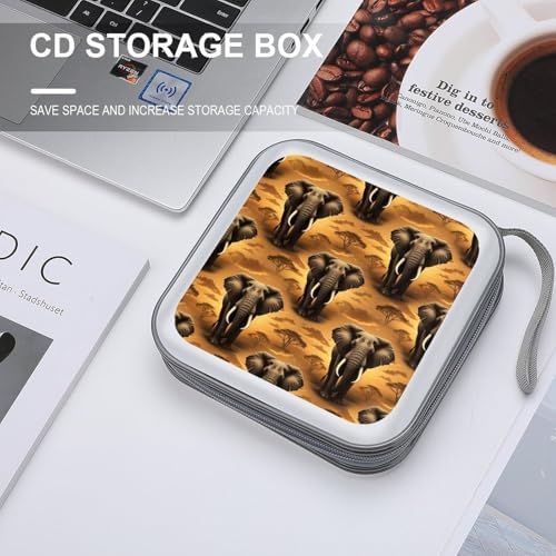 40-Disc CD/DVD Organizer Wallet African Elephant, Heavy-Duty Hard Plastic Binder, Portable Storage Case with Carry Strap for Car