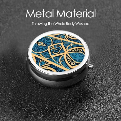 Blue Polynesian Maori Tribal Pattern Printed Pill Organizer,Round Travel Pill Organizer Mini Medicine Pill Box for Purse Iron Plating