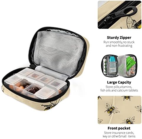 Vintage Honey Bee Pill Box 7 Day Pill Case Travel Pill Organizer Bag with Zipper Portable Weekly Case Compact Size for Vitamin Supplement Holder