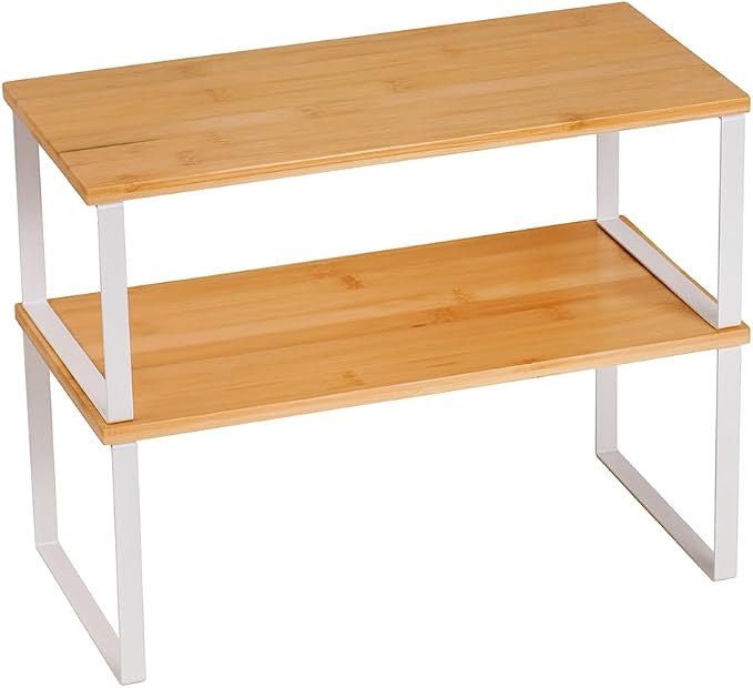 DOUKE Cabinet Organizer Shelf, Set of 2 Kitchen Counter Shelves, Kitchen Storage, Spice Rack, Stackable, Expandable, Metal and Engineered Wood, 15.6", White | Expandable and Stackable