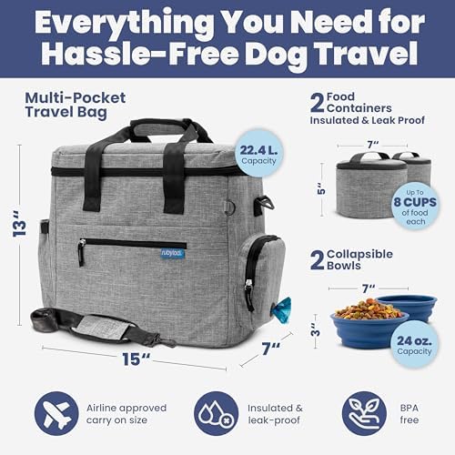 Rubyloo The Original Doggy Bag (Grey) & 32oz Insulated Water Bottle with Attached 8oz Bowl (Solid Dusty Blue) – Dog Travel Bag & Hydration Set