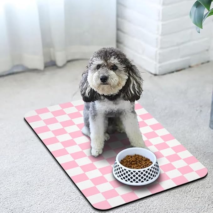 Dog Food Mats for Floors Waterproof, Pet Water Bowl Mats Pet Feeding Absorbent Placemats Plaid 12 * 20 inch