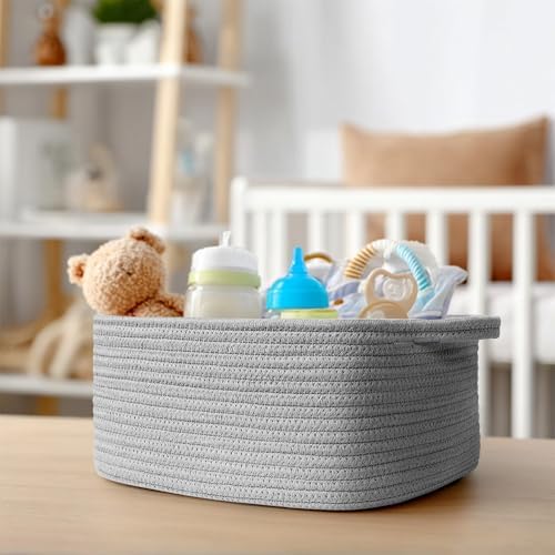 Cute Gray Gift Basket, Woven Baskets for Gifts Empty, Cotton Rope Storage Bin for Organizing, Kids Cat Dog Toy Box, Baby Nursery Organizer, Wicker Easter Basket with Handle, Grey Room Decor