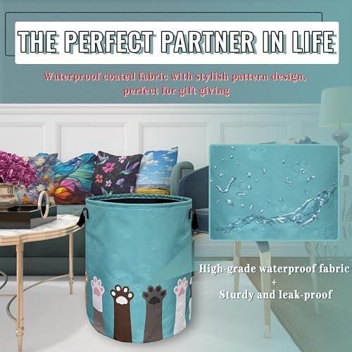 Cat Dog Paw Laundry Basket Foldable Oxford Cloth Hamper 18.9 x16.5"