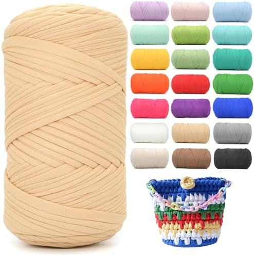 400g Tshirt Yarn for Crochet,Khaki Brown T Shirt Soft Elastic Fabric Chunky Thick T-Shirt Crochet Yarn for Crocheting Knitting Beginner Hand Knitting for Bag/DIY Craft/Home Decor-Light Khaki