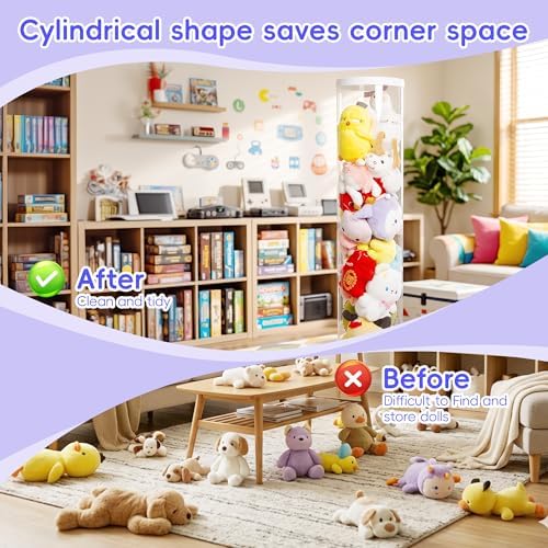 35.4 Inch Zippered Stuffed Animal Storage Tube Large Capacity Space Saver | Large capacity transparent stuffed animal storage tube with zipper Quick assembly stuffed animal tube organizer