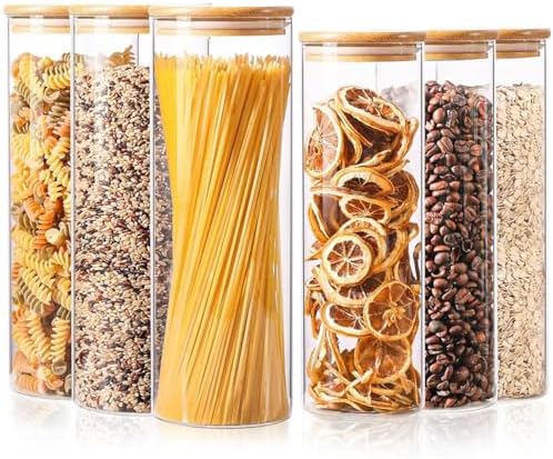 ComSaf Pasta Containers Storage 2 Qt/1.1Qt, 6 Pack Tall Glass Spaghetti Jar | Glass Storage Containers with Lids, Kitchen Canisters,Pantry Pasta Holder, Noodles, Cereal, Oats, Dry Food Storage, BPA Free