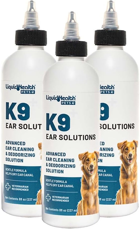 LIQUIDHEALTH Pets K9 Dog Ear Cleaner Wash Solutions - Infection Cleaning Hygiene Treatment Liquid Drops for Dogs, Canines, Puppies - for Use After Swimming or Bathing - Made in The USA (8 oz, 3Pack)