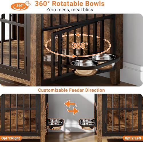 YaFiti 31.5" Wooden Dog Crate Furniture for Medium/Small Dogs, Rustic Brown | Adjustable Feeder, 2 Bowls, Chew-Resistant, Heavy Duty, Dog Kennel Indoor, Decorative Side End Table, Pet Cage House