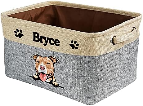 Custom Fabric Dog Toy Storage Basket with Funny Dog Pit Bull Collapsible Sturdy Fabric Pet Toys Storage Bin Cube with Handles for Organizing, Grey and White
