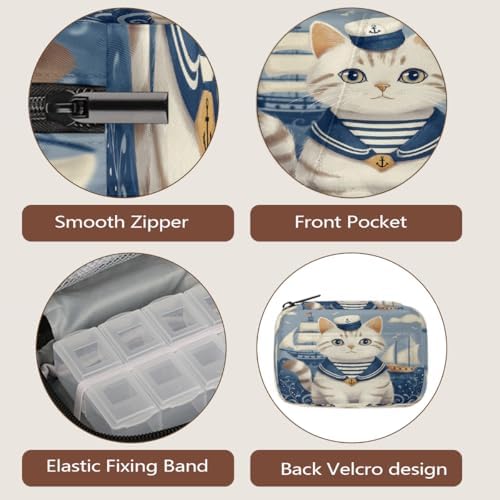 Weekly Pill Organizer Travel Size Bag with Removable 7 Day Pill Box Portable Vitamin Case Purse with Zipper,Sailor Cat Striped Collar Anchor Hat