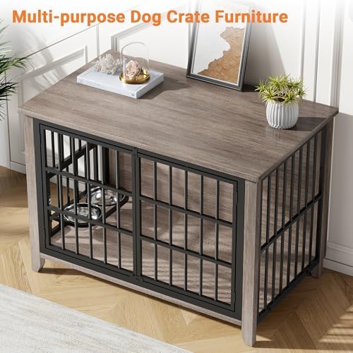 YaFiti 37.7" Wooden Dog Crate Furniture for Medium Dogs, Grey | Adjustable Feeder, 2 Bowls, Chew-Resistant, Heavy Duty, Dog Kennel Indoor, Decorative Side End Table, Pet Cage House