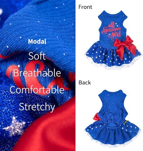 Fitwarm All American Girl Dog Dress - Patriotic Tulle Dress for Small Dogs, Royal Blue, Red, White