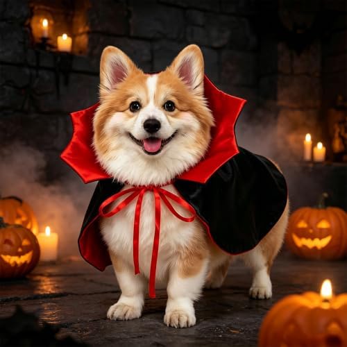 Halloween Vampire Cape Costume for Small Medium Pets, Black and Red Cloak with Collar, Cat Dog Dress Up Accessory