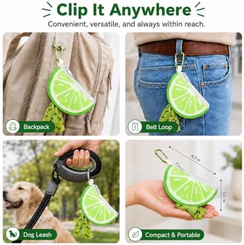 Dog Poop Bag Holder for Leash Lime Shape Pet Outdoor Accessory | Thin Lightweight Dog Waste Bag Carrier with Storage Pouch, Leash Attachment for Walking, Travel, Beach