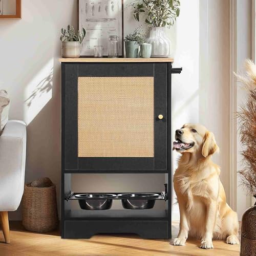 Modern Pet Feeding Station with Storage Cabinet: Elevated Dog Bowls, Hidden Storage, and Side Hooks for Stylish Home Organization, Black