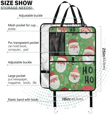 2 Pack Back Seat Car Organizer with Storage Pockets Kick Mats Back Seat Protector Hanging Car Organizer Automotive Seat Back Cover Organizers Bright Green Christmas Santa Claus
