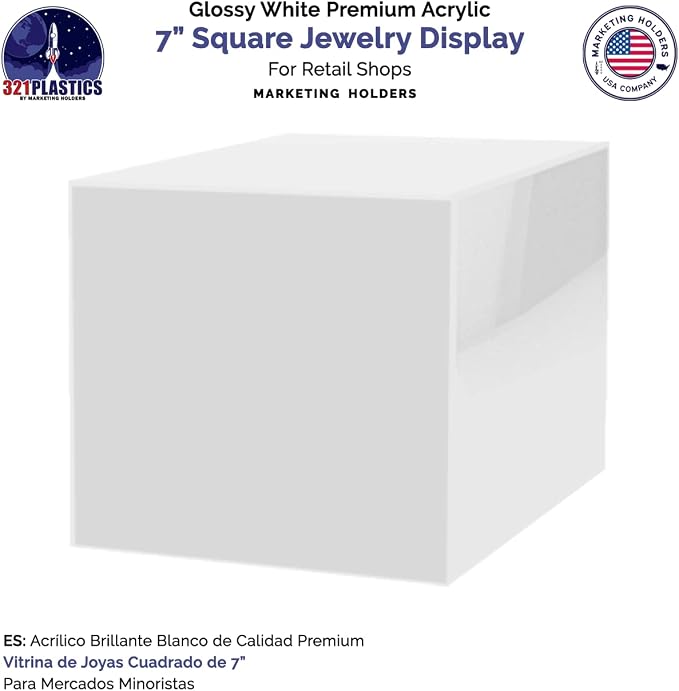 7 Inch White Acrylic Display Box Versatile Square Plexiglass Retail Product Storage Bin or Merchandise Riser with One Open Side No Assembly by Marketing Holders