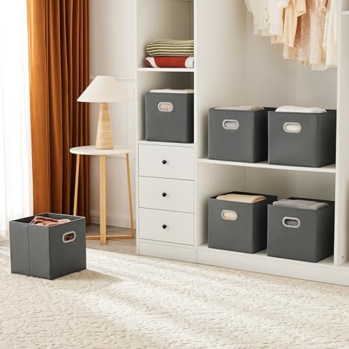 MAX Houser 6 Pack Foldable Fabric Storage Bins withc Handles, Cattail Gray | Collapsible Containers with Dual Plastic Handles for Home Closet Bedroom Drawers Organizers