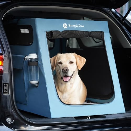 Snagle Paw Portable Dog Crate for Car Travel, Collapsible Large Dog Travel Crate with Metal Frame & 3-Door Mesh Windows, Secures in Trunk/Backseat, Soft-Sided Kennel Carrier for Medium Large Dogs-XL