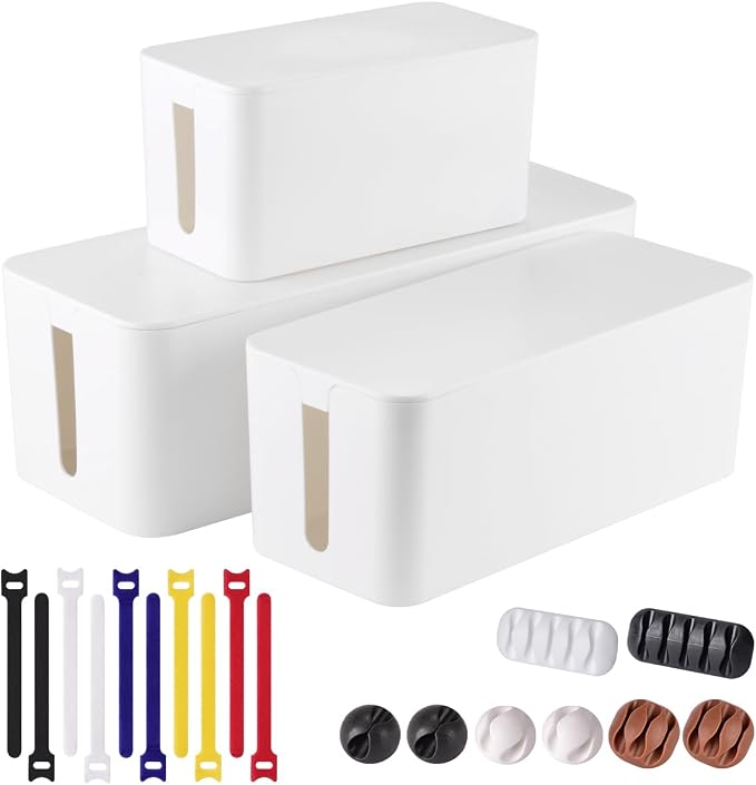 Tuwechen 3 Pack Cable Management Box, Cable Organizer Box to Hide Wires | Desk Cord Organizer with 18-Piece Cable Management, Power Strips Holder, for Home & Office, White