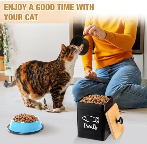 Jingmore Metal Airtight Cat Food Containers Set of 3 with Bamboo Lids and Spoon 7+3+2 Lbs Cat Treat Storage Container Countertop with DIY Labels Pet Cookie Organizer Jars for Kitchen Counter(Black)
