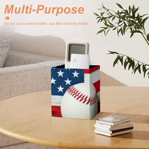 Women's Pen Cup Pencil Holder Makeup Brush Storage Baseball Rustic Wooden American Flag Leather Desk Organizer