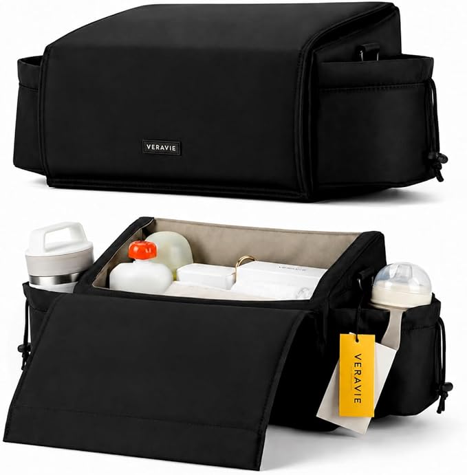 VERAVIE Extra Large Stroller Caddy Organizer Storage Bag, Cup Holders | One-hand magnetic closure, shoulder strap, diaper bag, wagon & pet stroller accessories, new mom essentials, baby travel gear