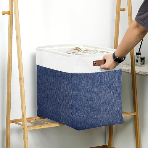 DULLEMELO Large Storage Basket 17"x12"x15",Fabric Organizer Bin for Storage Clothes, Toys, Books,Storage Bin with Handles for Bedroom, Closet, Nursery (White&Blue,1 Pack)