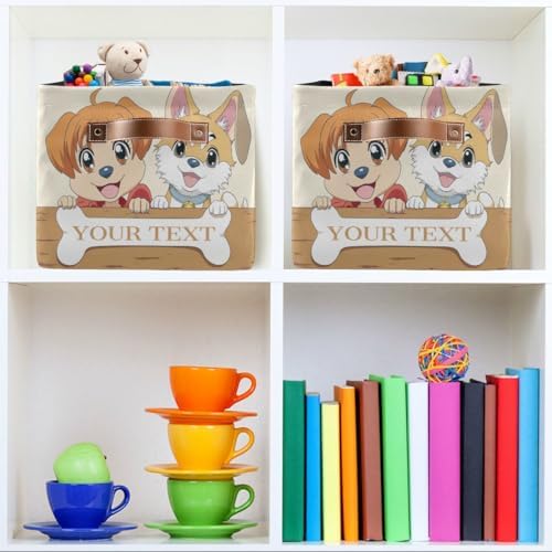 Customized Pet's Name Storage Basket Dog Storage Bins with Leather Handles for Home Bedroom, Foldable Decorative Organizers Box, 2PCs