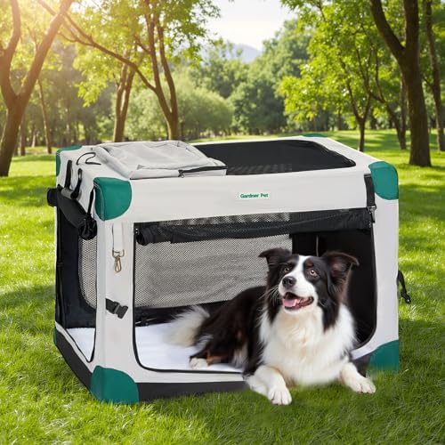 Gardner Pet 36 Inch Folding Soft Dog Crate -5 Mesh Windows Collapsible Dog Crate with 2 Storage Bags and Fleece Bed, Portable Dogs Travel Kennel for Medium/Large Dogs Indoor & Outdoor, Grey